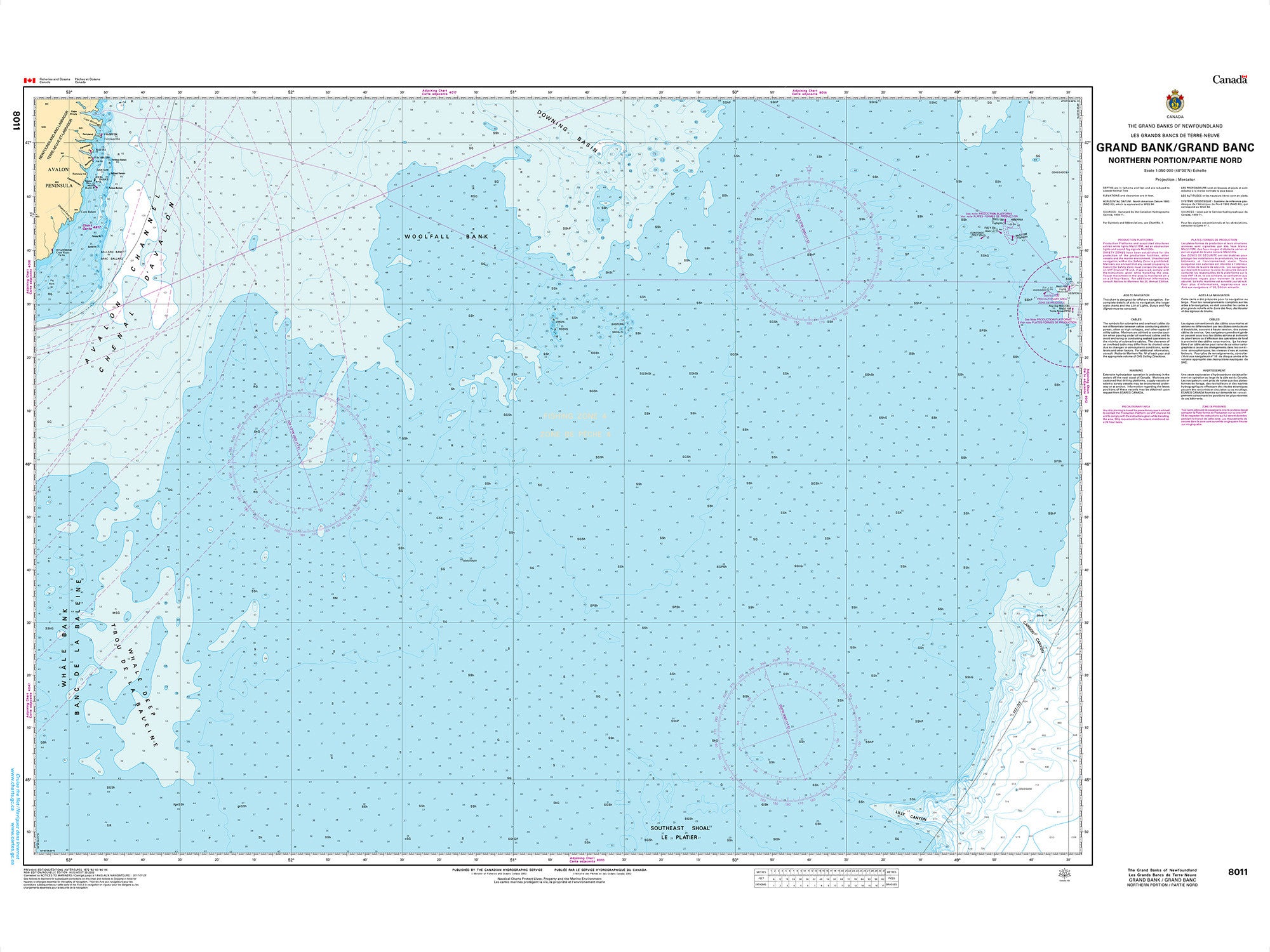 Canadian Hydrographic Service Nautical Chart CHS8011: Grand Bank, Northern Portion/ Grand Banc, Partie Nord