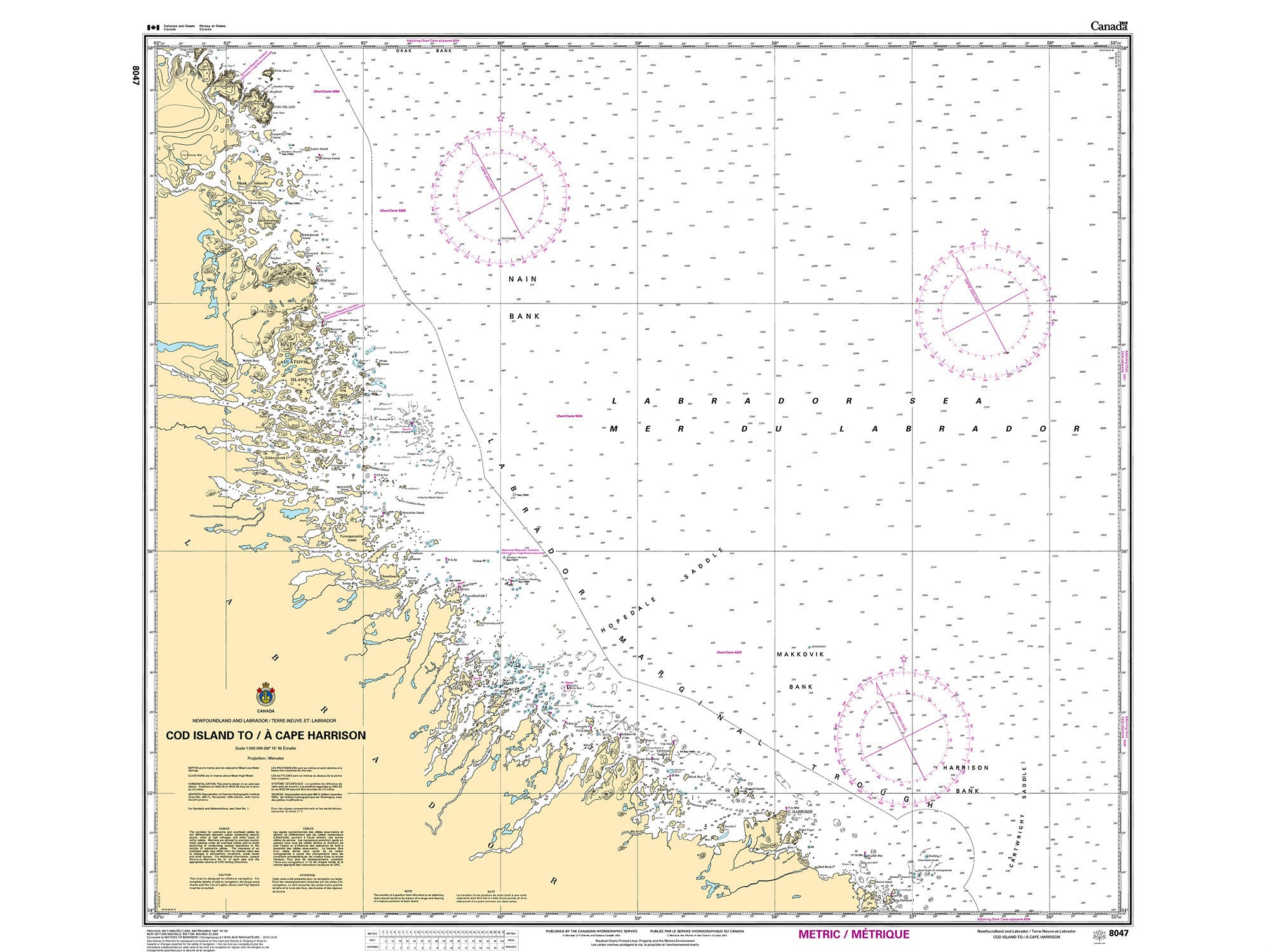 Canadian Hydrographic Service Nautical Chart CHS8047: Cod Island to/à Cape Harrison