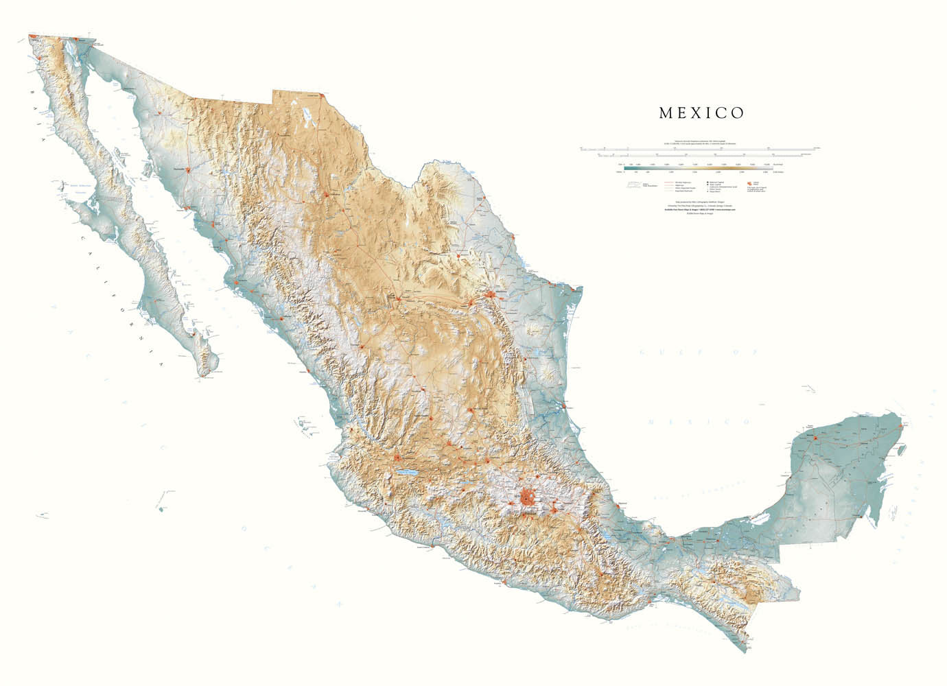 Mexico Topographic Wall Map By Raven Maps, 37" X 54"