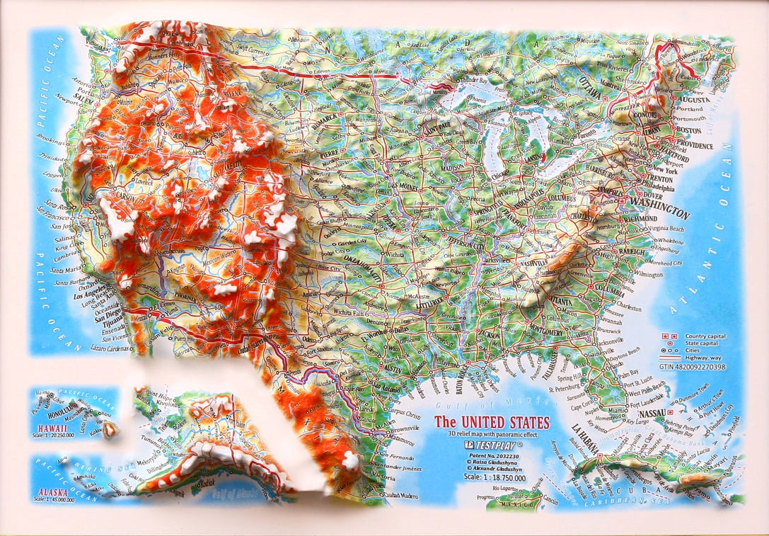 United States Three Dimension 3D Raised Relief Map - Gift size 12 inch x 9 inch