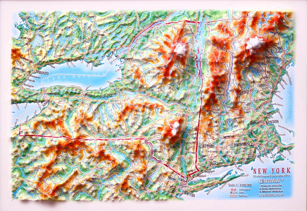 New York Three Dimension 3D Raised Relief Map - Gift size 12 inch x 9 inch