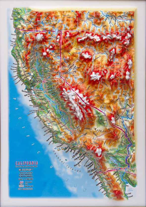 California Three Dimension 3D Raised Relief Map - Gift size 12 inch x 9 inch