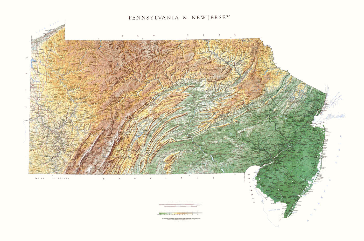 New Jersey & Pennsylvania Topographical Wall Map By Raven Maps, 36" X 54"