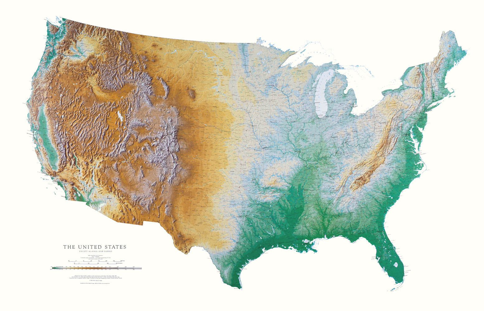 United States - Elevation Tints Map - Elevation Tints is the classic Raven Wall Map. It uses shaded relief to portray the land and combines shading with elevation tints-- a sequence of delicate hues and colors that portrays landforms--much more clearly than the abstraction of contour lines. Elevation colors make mountains, highlands, and valleys immediately obvious.